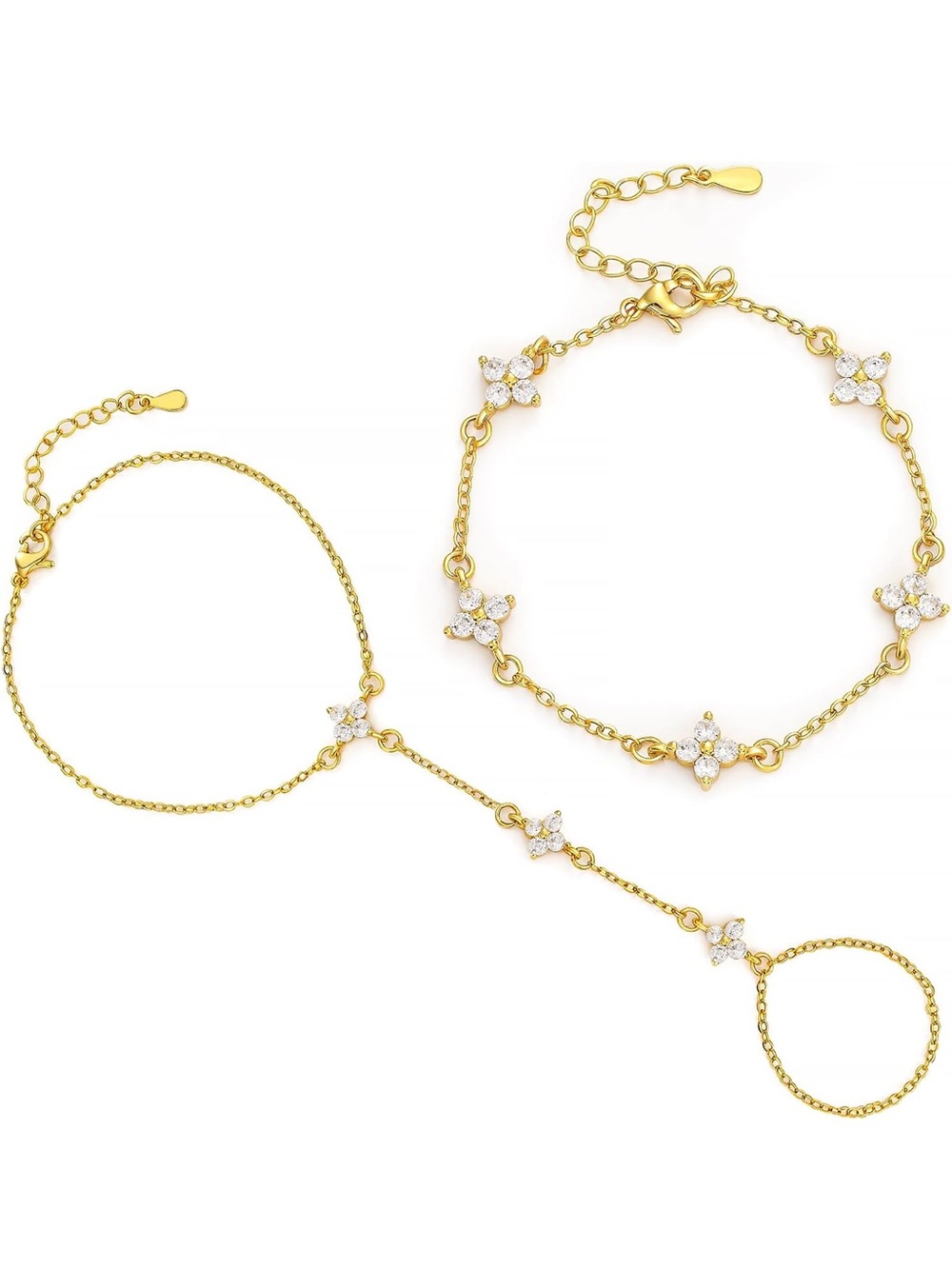 New! Gold color Crystal Flower Bracelet & Hand Chain Set